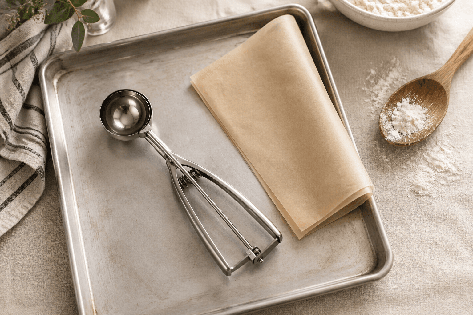 Baking sheet, parchment, and a scoop laid out for baking