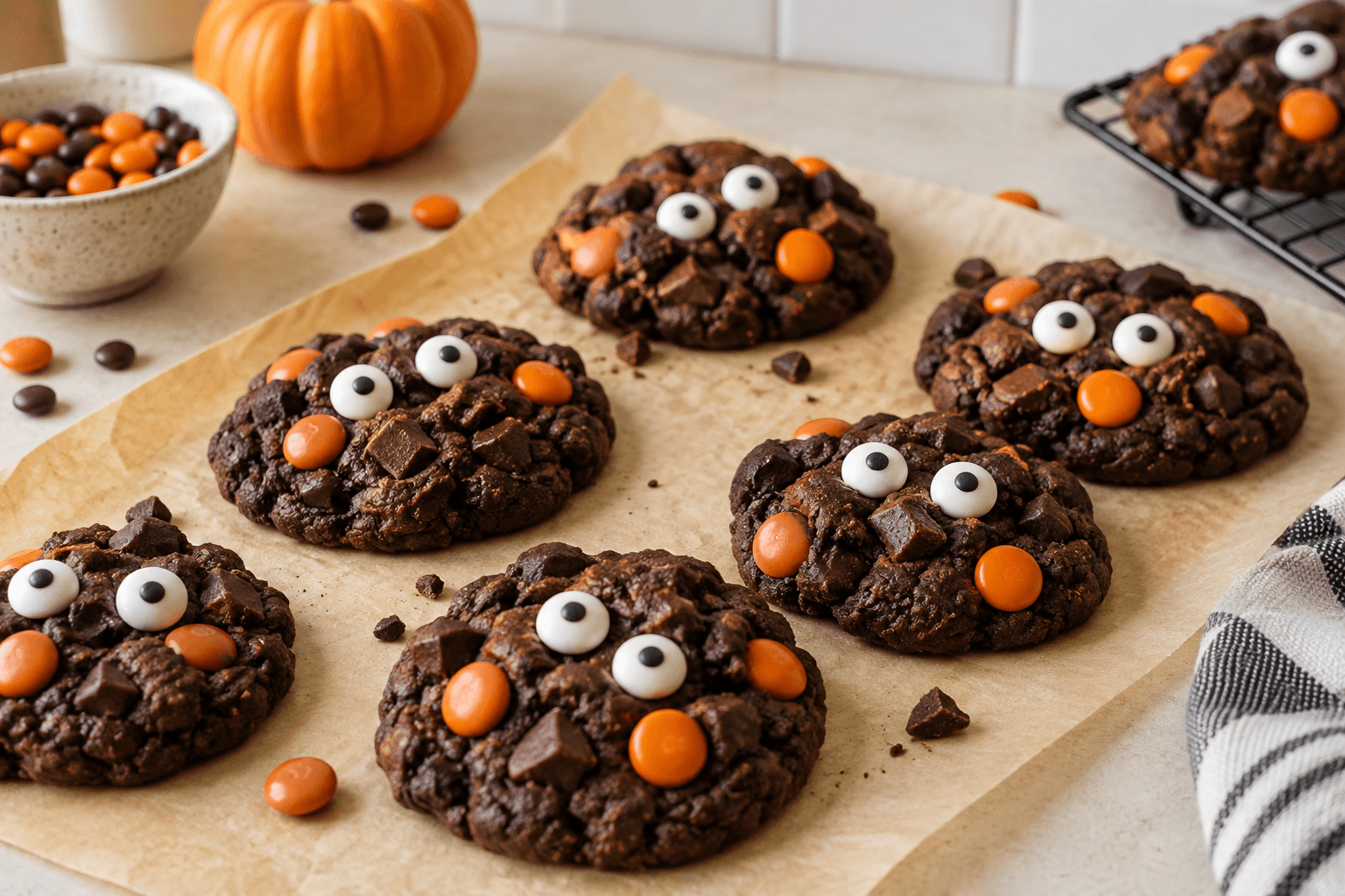 Chocolate cookies decorated with candy eyes and orange chocolate candies