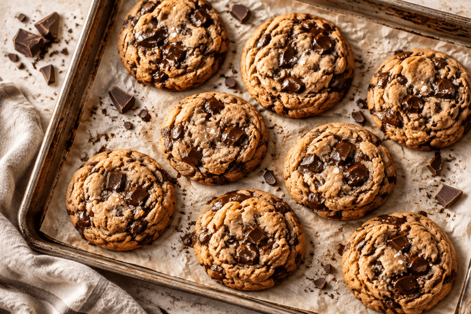 Golden chocolate chunk cookies on a parchment-lined baking sheet