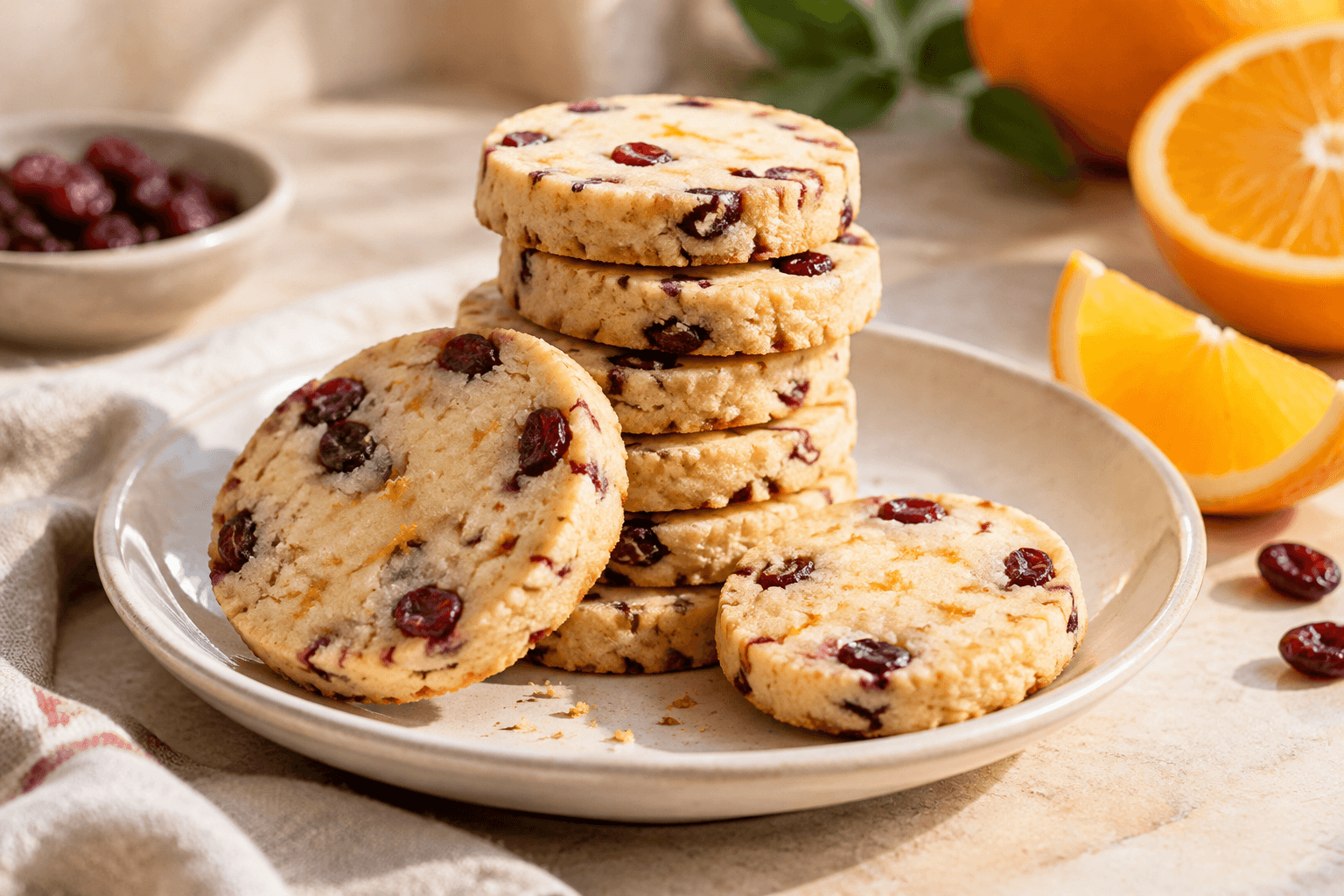 Round shortbread cookies flecked with cranberries and orange zest