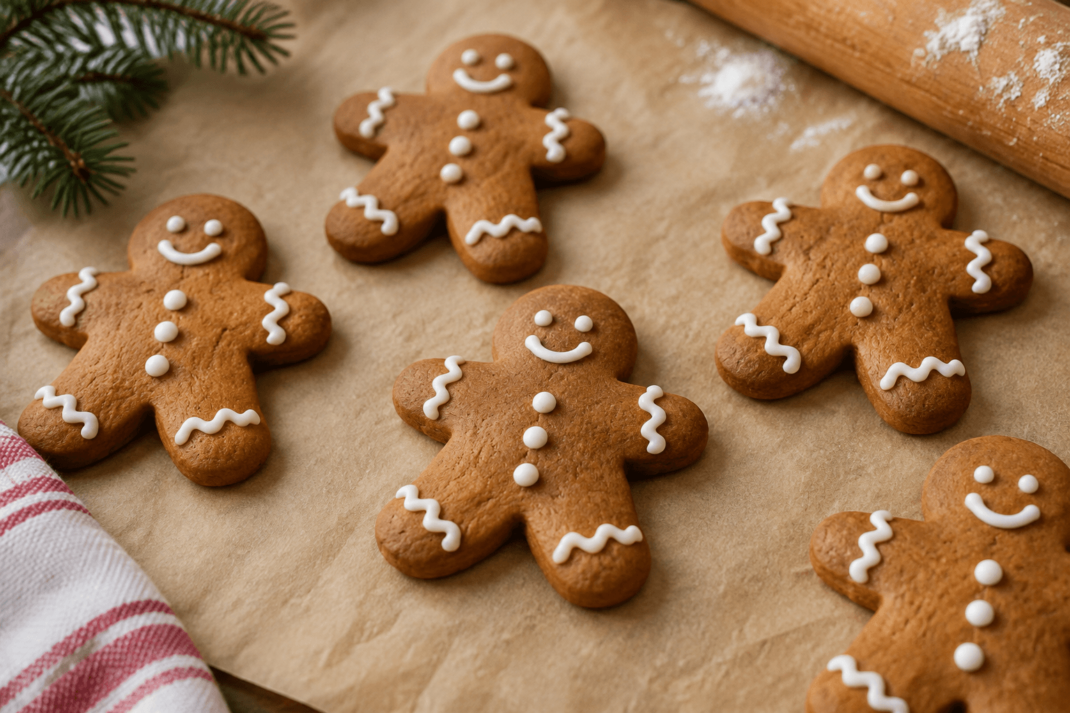 Gingerbread people decorated with simple white icing
