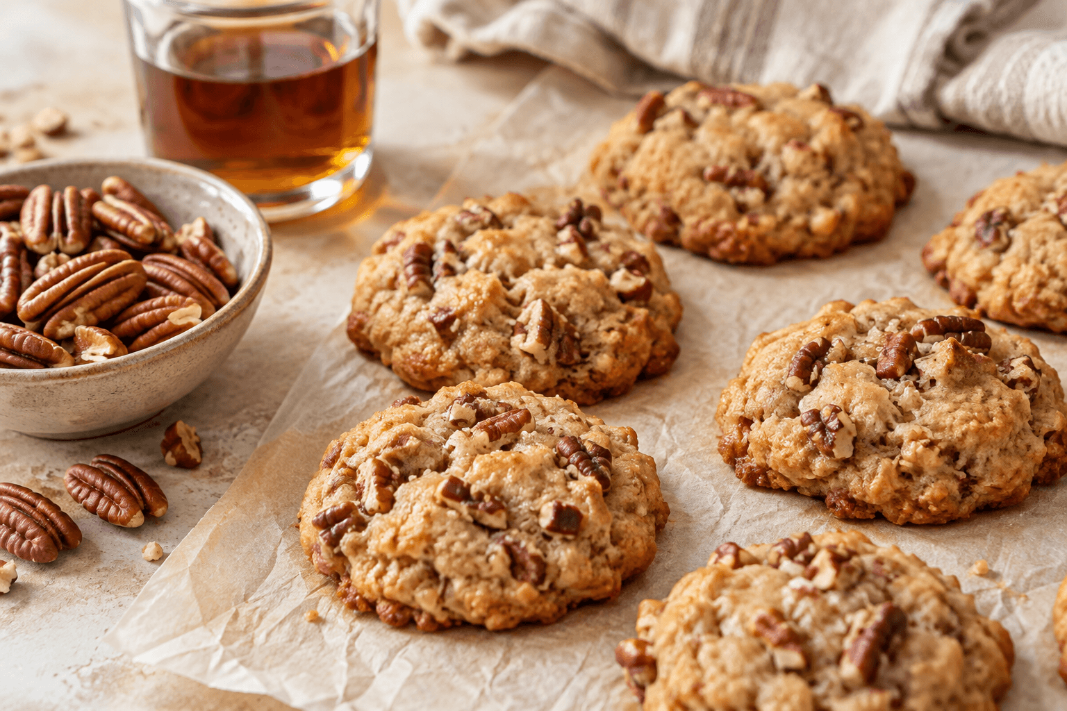 Golden maple cookies studded with chopped pecans