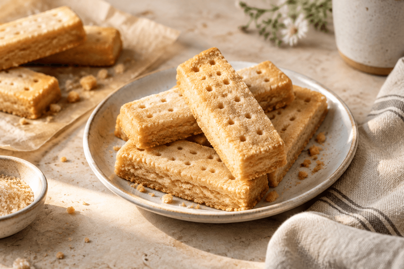 Buttery shortbread fingers stacked on a cream plate