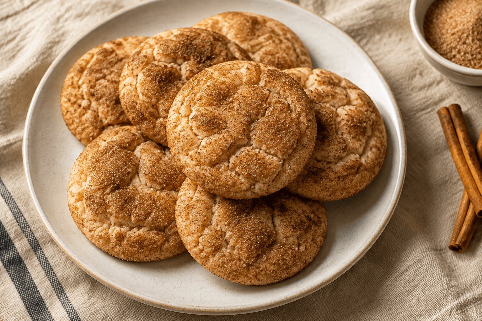 Cinnamon-sugar snickerdoodles arranged on a ceramic plate